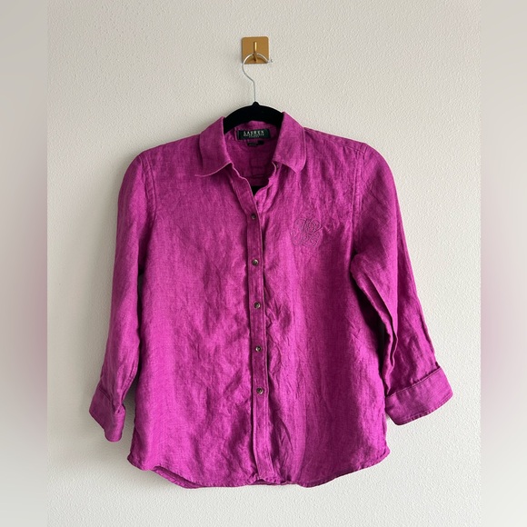 Vintage Ralph Lauren Linen Button-Up Shirt  Purple, Embroidered Logo, Petite PS - Picture 1 of 6